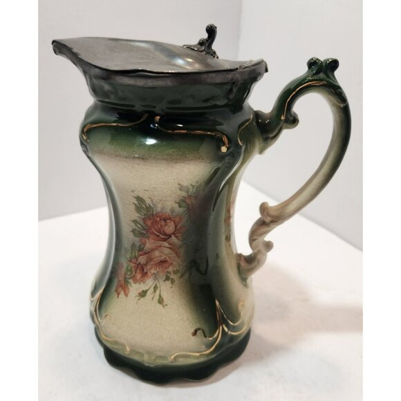 Antique English Floral Pitcher With Pewter Lid Cream & Green W/Gold Accents